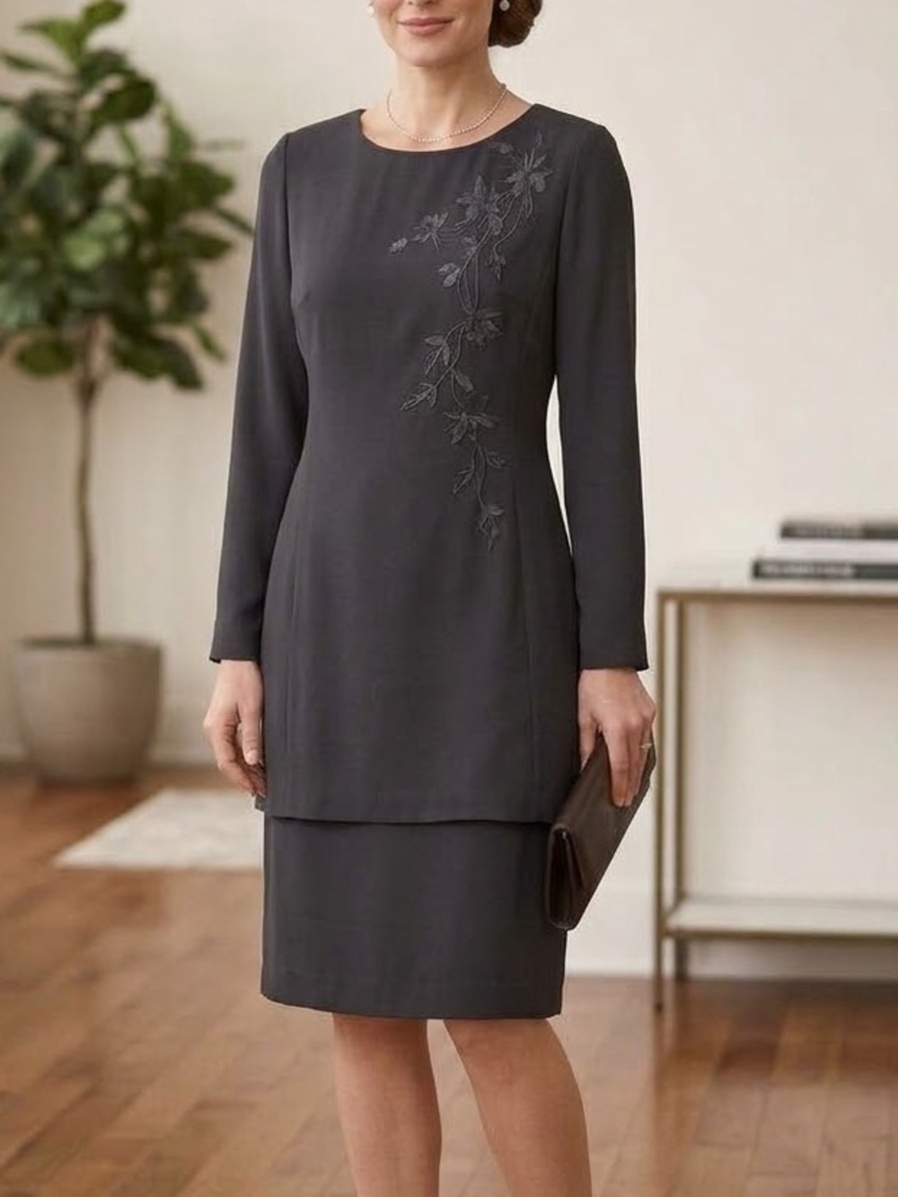 Talbots Size 8 Black Layered 2-Piece Look Midi Dress Floral Embroidered Vintage